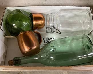 Glass and Metalware, Including Bottles, Jar, and Copper Mugs