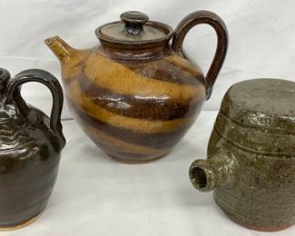 Three Stoneware Pottery Pieces : Two Jugs and a Lidded Teapot