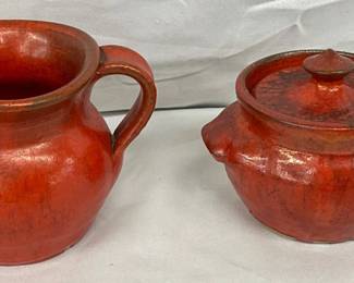 North State Pottery Chrome Red Pitcher and Covered Sugar Bowl