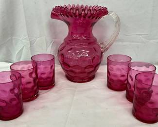Cranberry Glass Reverse Thumbprint Water Pitcher with Fluted Top and Six Matching Tumblers