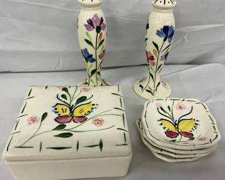 Salt and Pepper Shakers, Lidded Box, and Four Dishes with Butterfly Motif