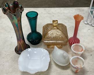 Decorative Glassware Including Vases, Covered Box, Bowls, and Trinket Dish