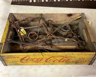 Coca-Cola Wooden Crate Containing Assorted Vintage Metal Trapping Equipment