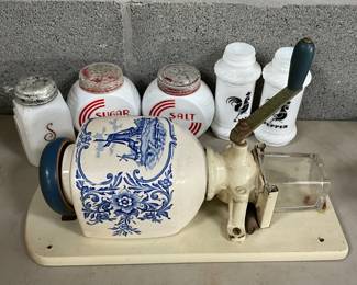 Vintage Milk Glass Spice Jars and Delft-Style Wall-Mounted Grinder