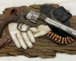 Western-Themed Wall Plaque with Pistol, Hat, and Gloves Motif