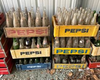 Vintage Coca-Cola, Pepsi, and Royal Crown Soda Crates with Glass Bottles