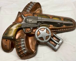 Wall-Mounted Western-Themed Decor Featuring Holstered Pistol and Sheriff Badge, 14×12