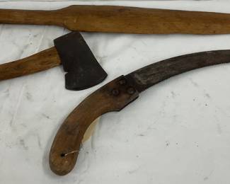 Three Vintage Hand Tools: Drawknife, Hatchet, and Wooden Implement