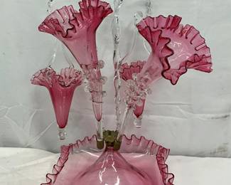 Hand-Blown Pink Glass Epergne with Ruffled Edges, 9 1/2 x 15 1/2 Inches