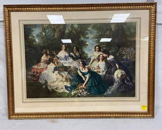 Framed Print Depicting Women in 19th-Century Attire Within a Garden Scene