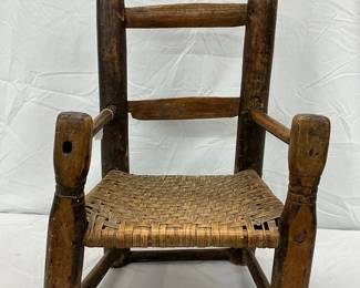 Primitive Wooden Children’s Chair with Woven Seat, 13in x 21in