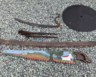 Vintage Hand Saws, Crosscut Saw, Saw Blade, and Painted Hand Saw Display