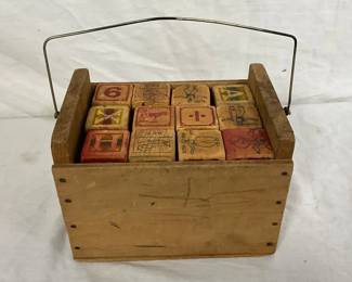 Wooden Box with Assorted Vintage Alphabet Blocks and Wire Handle