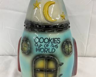 1960s Ceramic Moon Rocket Cookie Jar, 8 1/2 x 12 1/2 Inches