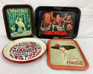 4 Decorative Metal Trays Featuring Coca-Cola, Welch’s, Georgia Bulldogs, and Food-Themed Designs