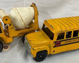 Industrial Yellow Tin Toy Vehicles: Mixer Truck and School Bus
