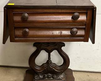 19th-Century Wooden Sewing Table with Drop Leaves