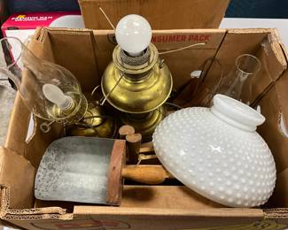 Box Lot With Brass Oil Lamps, Milk Glass Hobnail Shade, and Vintage Metal Scoop