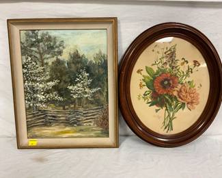 Framed Landscape Oil Painting and Floral Print in Oval Frame