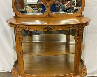  Oak Curio Cabinet with Beveled Mirror and Glass Display