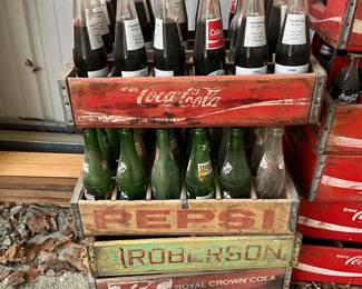 Vintage Coca-Cola, Pepsi, and Royal Crown Soda Crates with Glass Bottles