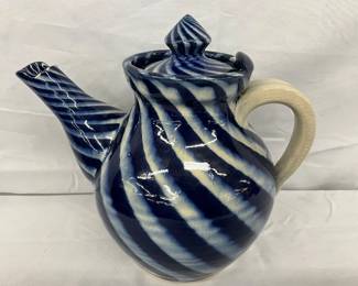 Cobalt Blue Swirl Pottery Teapot Signed AD Smith, 8 Inches Tall