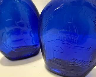 Cobalt Blue Commemorative Liquor Bottles Set - Bicentennial, US Constellation, US Naval Academy