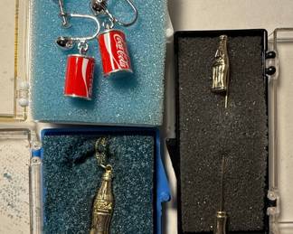 Coca-Cola Bottle Pendant Necklace, Stick Pin and Can Earrings Set