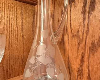 Princess House Heritage Etched Floral Glass Pitcher and Wine Glasses Set