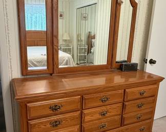 Athenian Furniture Oak Dresser with Triple Mirror and Tall Dresser