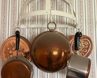 Copper Pot Set with Decorative Molds and Pot Rack