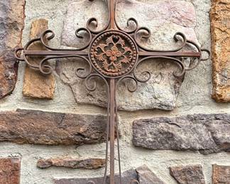 Wrought Iron Cross Wall Decor with Floral Medallion