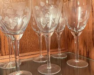 Princess House Heritage Etched Floral Glass Pitcher and Wine Glasses Set
