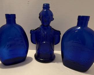 Cobalt Blue Commemorative Liquor Bottles Set - Bicentennial, US Constellation, US Naval Academy
