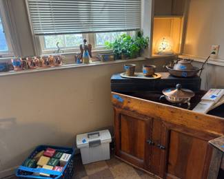 Copper collection, unique wooden table and hutch pieces 