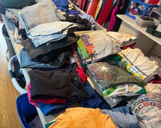 Shorts, shirts, shoes, sweatshirts, lots of cycle marathon tshirts 