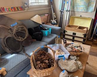 Coffee table large collection of rocks and sea shells 