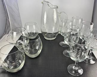 Set of etched ship mugs, glasses and pitcher