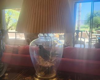 Working table lamp with shade with quail taxidermy