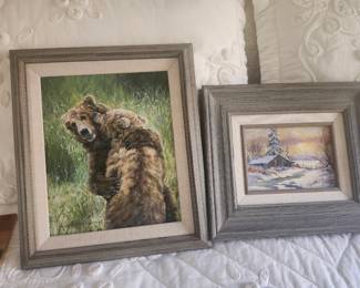 Original Art by	Satrom Charleen	  TITLE	 "Face Off"-Bears	  MEDIA	Oil/Canvas	9X11  &  Original Art by	Fleming, Hulan	  TITLE	Winter Cabin	  MEDIA	Oil/Board	7X5