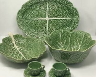 Bordallo Pinheiro, Portugal, Cabbage Pattern Serving Platters, Bowl And Little Cups With Saucer