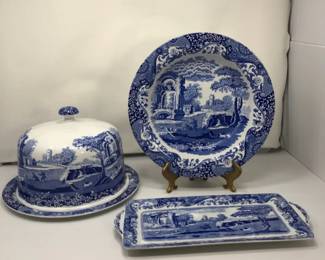 Spode Italian Blue And White Covered Cake Plate, Serving Bowl, And Sandwich Tray