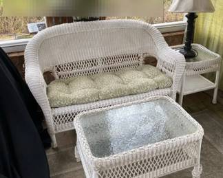 White Wicker Sofa  Glasstop White Wicker Side Table And Coffee Table