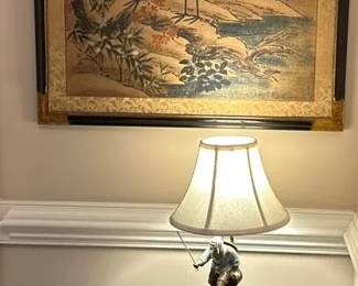 Asian Artwork, Small Accent Cabinet With Fisherman Ceramic Light.