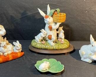 Vintage Majolica Porcelain Rabbit Sculptures And Bunny And Cabbage Plate