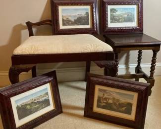 Vintage Stool. Framed Pictures, And Side Table