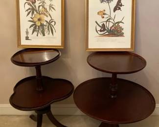 2 Vintage Two Tier Dumbwaiter Tables And 2 Framed Botanical Prints