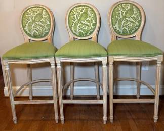 Unknown Maker Set Of 3 Louis XVI Style Wood Barstools W Green Upholstered Fabric W Peacocks