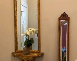 Vintage Tall Gold Colored Hall Mirrors, Wood Inlaid Box Table And More
