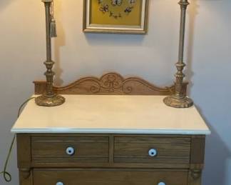 National 5 Drawer Wooden Dresser With Marble Top, 2 Lamps And 2 Needle Point Framed Pictures